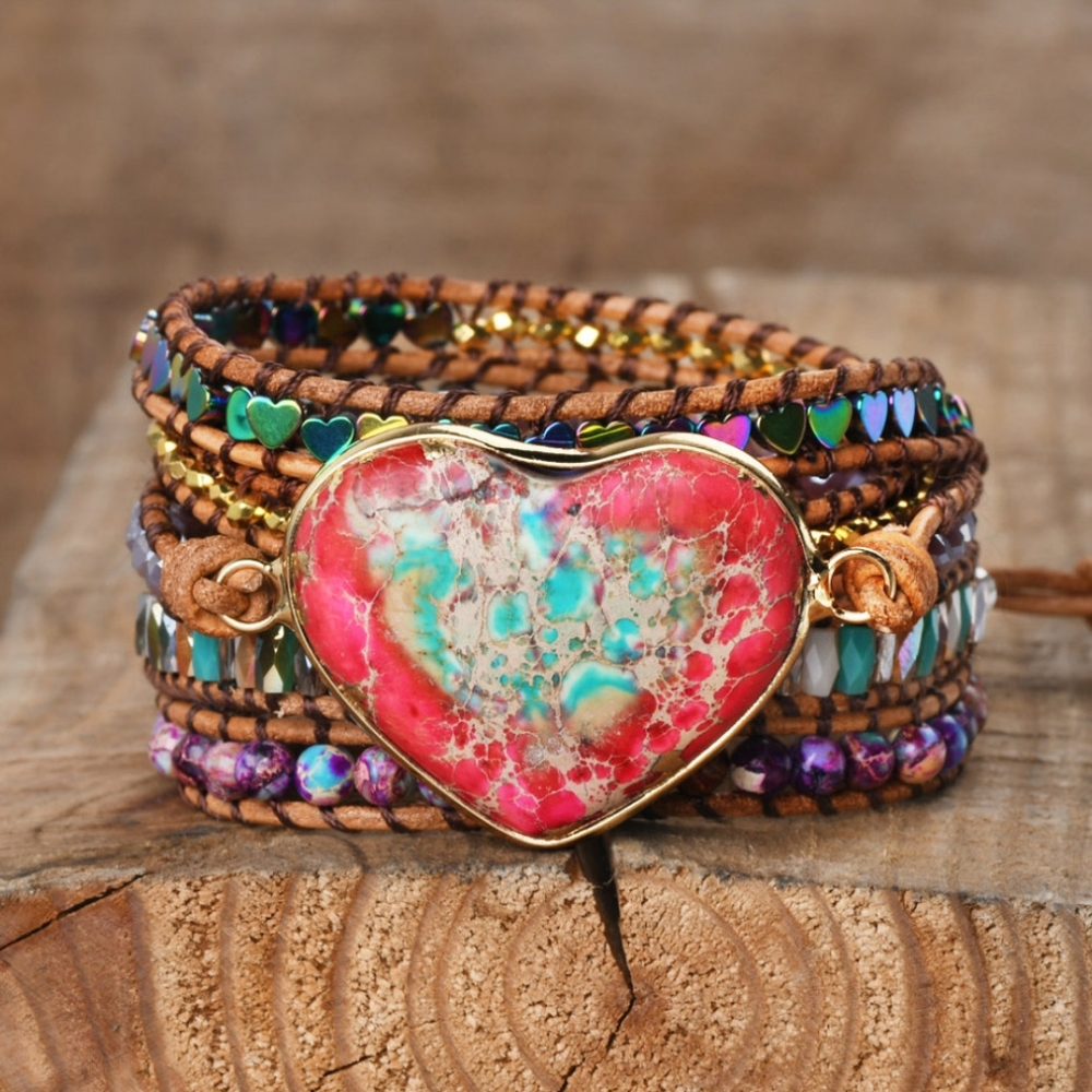 Sea Sediment Jasper Gemstone Leather Wrap Bracelet - Picture 4 of 5